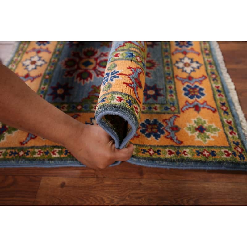 Blue Geometric Kazak Accent Rug Handmade Traditional Wool Carpet - 2'0" x 2'11"