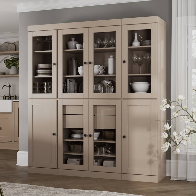 Palace Imports 100% Solid Wood 65" Pantry Cabinet with Clear Glass, Shaker Doors, 2-Drawers and Adjustable Shelves - Beige