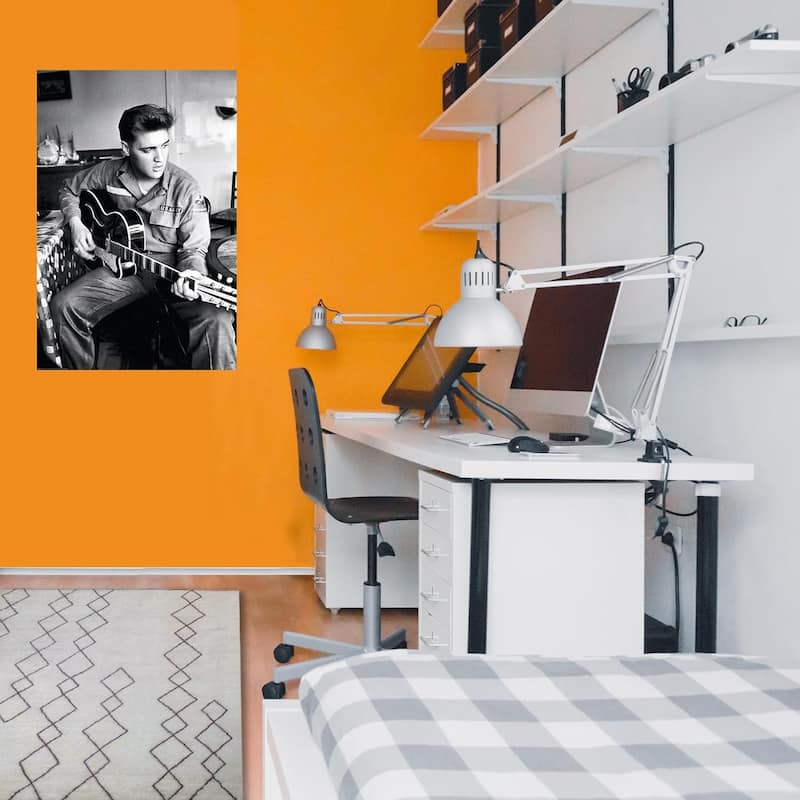Elvis in Army with Guitar Black & White Art Poster - 24 x 36 Inch