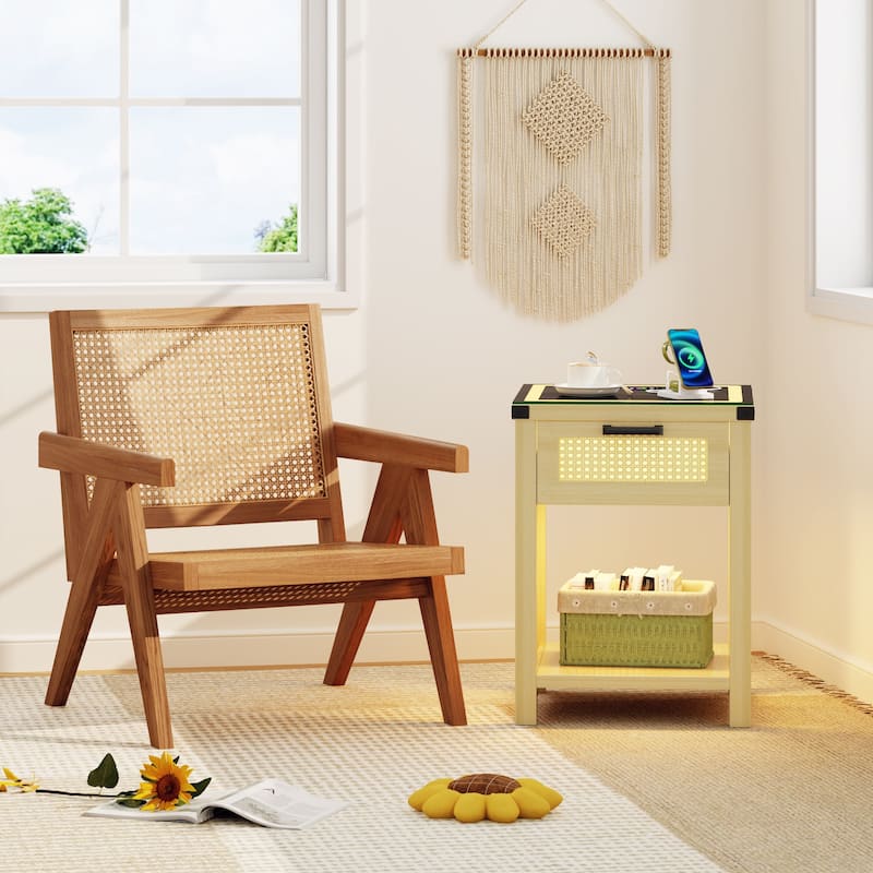 End Table With Light And Charging Station - Natural