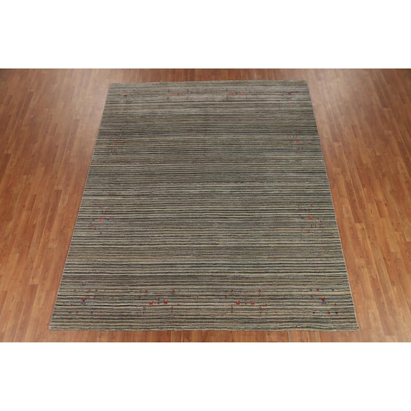 Striped Gabbeh Indian Area Rug Hand-Knotted Wool Carpet - 8'0" x 9'9"