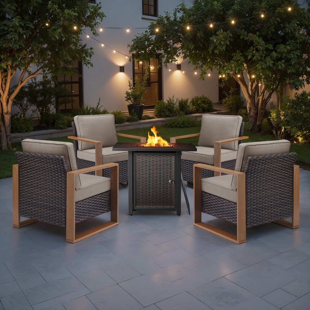 Meyreso 5-Piece Wicker Patio Conversation Set with Metal Fire Pit & Plush 4.5" Olefin Cushions