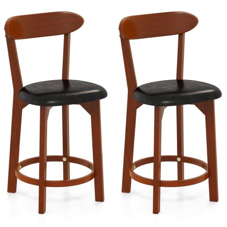 Walnut and Black Rubber Wood Bar Stools Set of 2 with PU Leather Seat and Footrest - 24 Inch