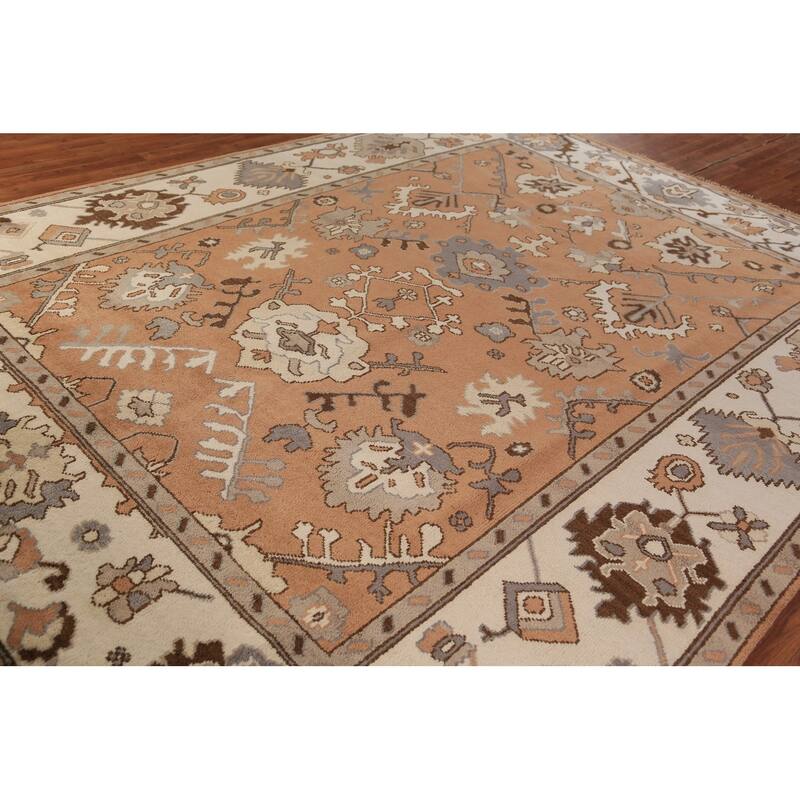 Orange Floral Oushak Indian Area Rug Handmade Wool Carpet - 9'1"x 11'11"