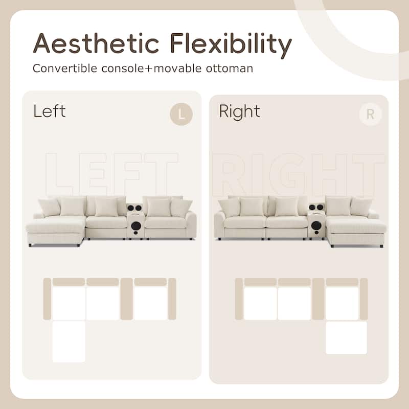 Corduroy Sectional Sofa With Bluetooth Speakers,L Shaped Couch With Console,Usb Charger,Cup Holders,Storage,Ottoman