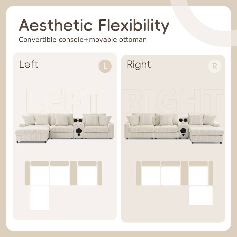 Modular Corduroy Sectional Sofa with Bluetooth Speakers, Charging Ports, Cup Holders, Storage and Ottoman for Living Room