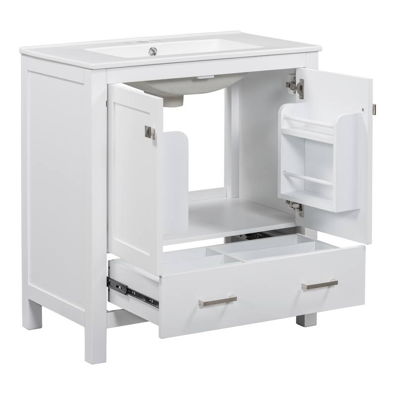 30 Inch Freestanding Bathroom Vanity with Rectangular Ceramic Sink, Two Doors, and Storage Drawer - Elegant Finish