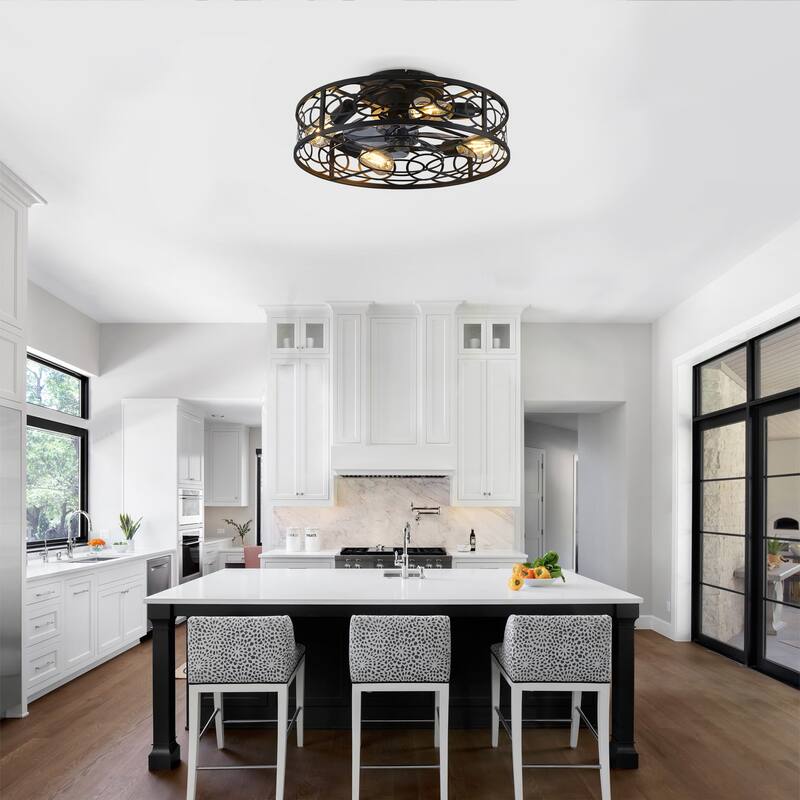 20" Low Profile Caged Ceiling Fans with Lights and Remote, Farmhouse Flush Mount Ceiling Fan with 6 Speeds Reversible Motor