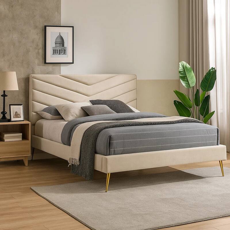 Vevy Twin Size Bed, Chevron Tufted Beige Flannelette Upholstery