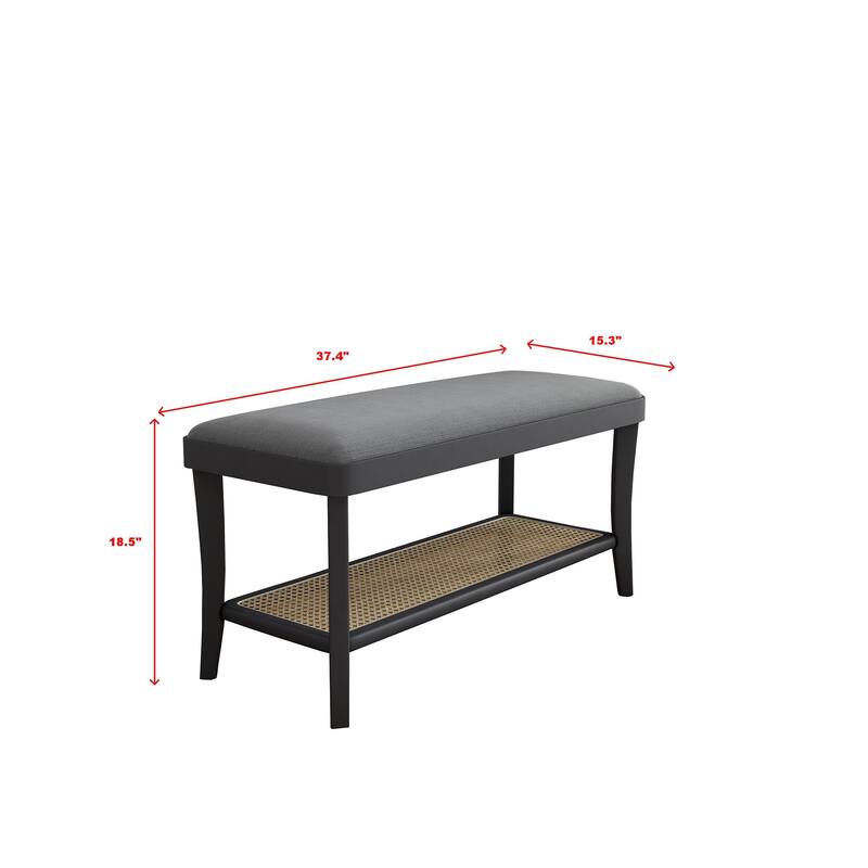 Maisy 15-Inch Solid Rectangle Bench - Gray Velvet w/ Birch wood legs+Natural rattan shelve