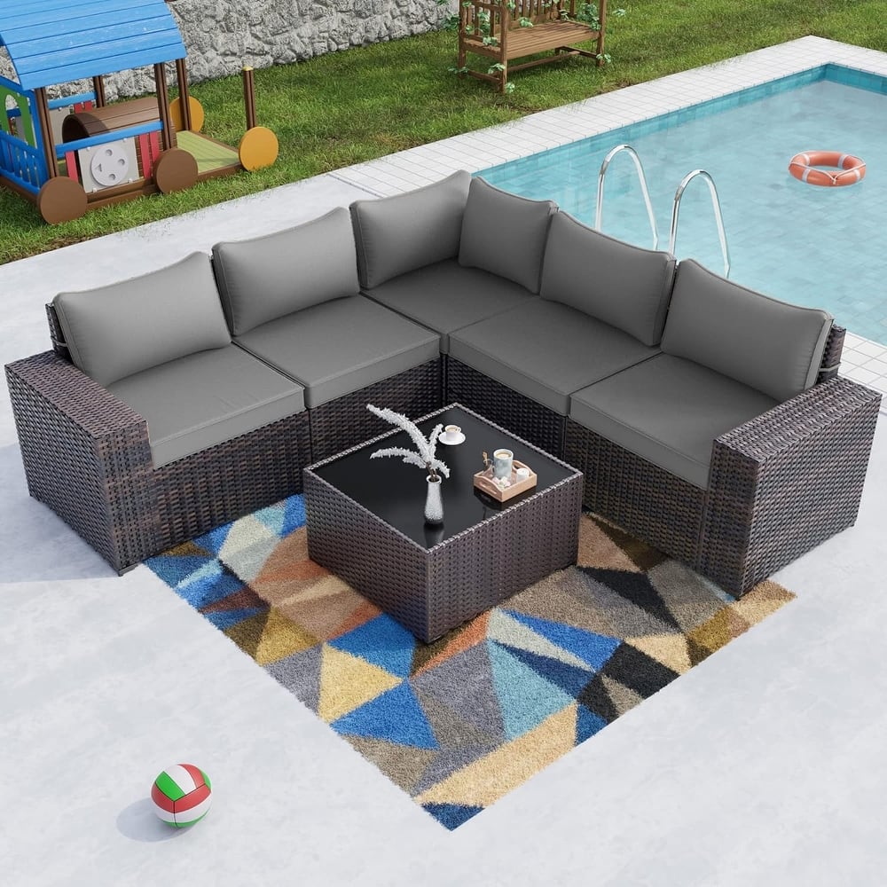 Outdoor Patio Furniture Set, All Weather PE Wicker Sectional Conversion Sofa set with Firepit(Optional)