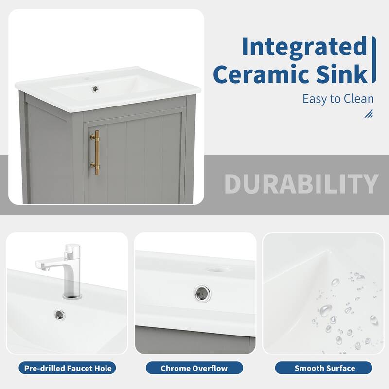 20" Modern Bathroom Vanity with Sink, Soft Close Door, Storage Rack & Open Shelf, Freestanding Cabinet