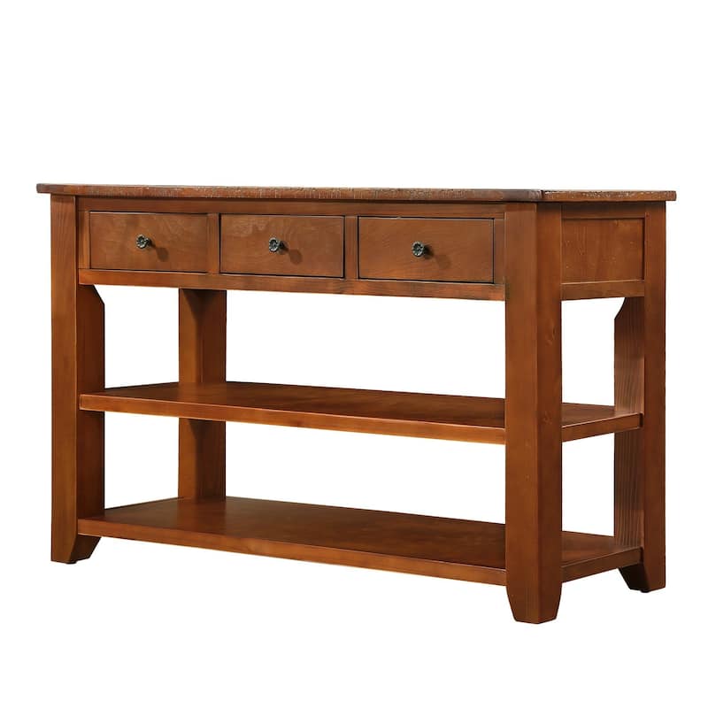 Solid Pine Wood Top Console Table with 3 Drawers and 2 Shelves