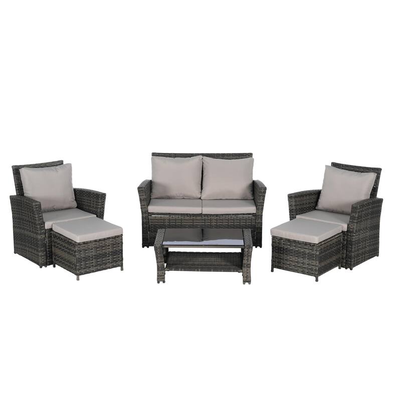 6-Piece Outdoor Patio Rattan Conversation Sofa Set with Tempered Glass Coffee Table