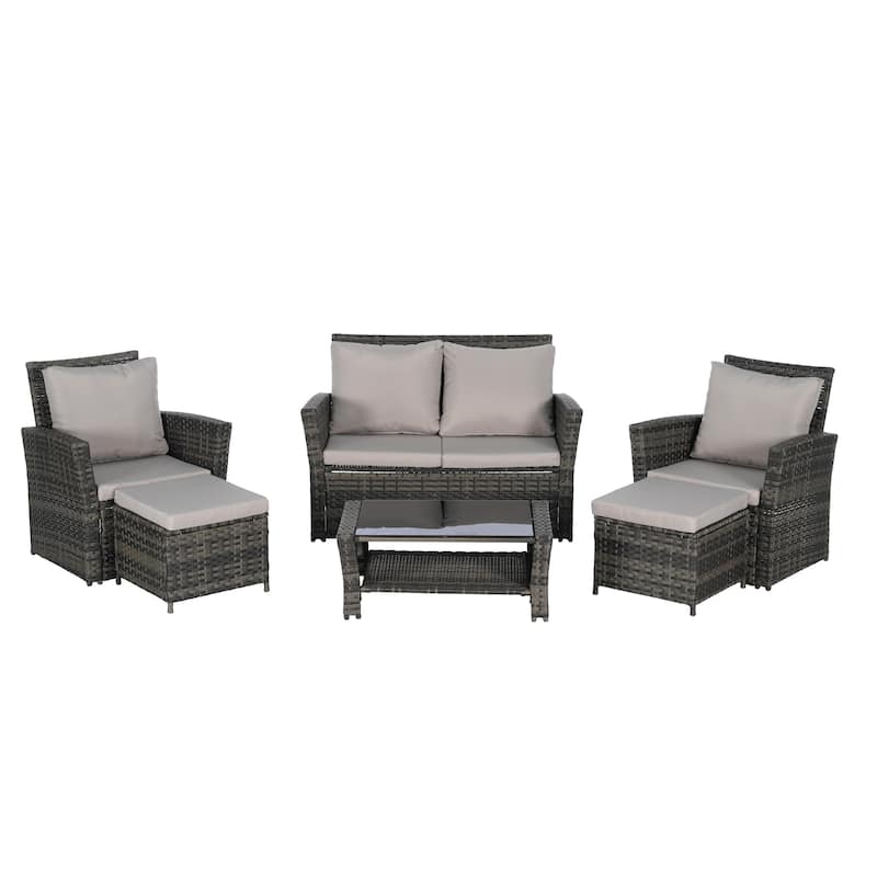 Patio Wicker Furniture Sets with Ottoman & Tempered Glass Coffee Table