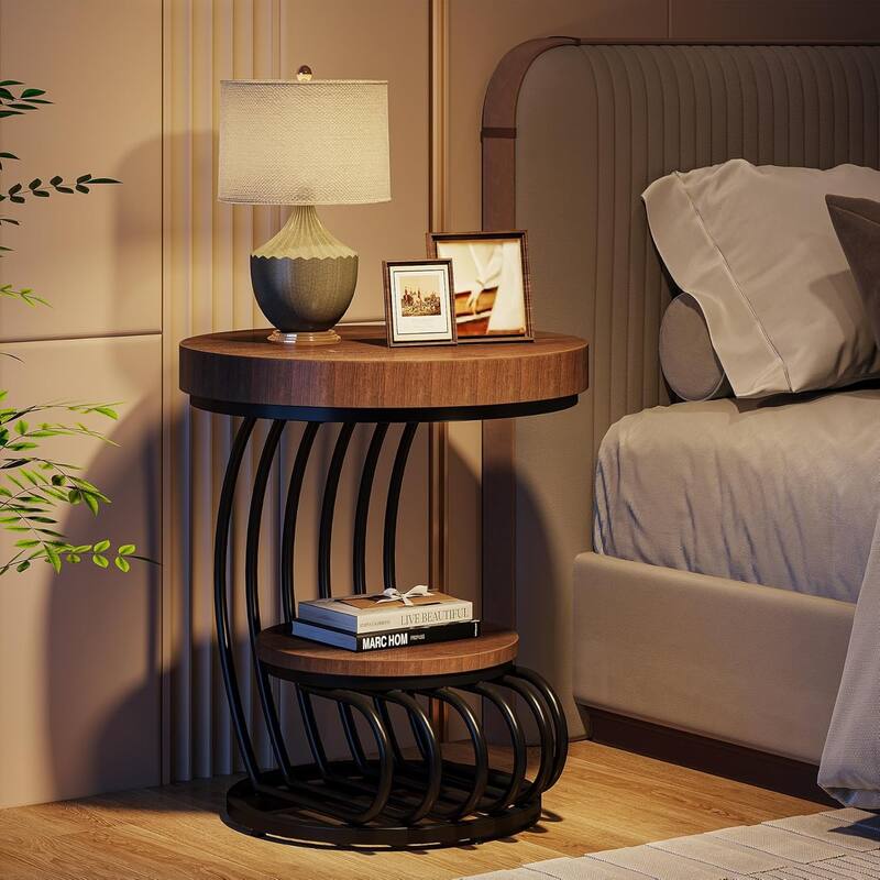 2 Tiers Round End Table with Shelf Storage, Arc-Shaped Side Sofa Table