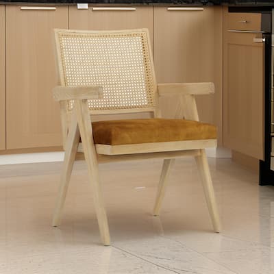 Isha 24 Inch Armchair with Cane Back, Gold Brown Velvet, Brown Wood Frame