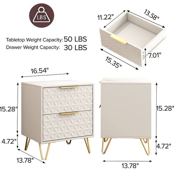 Geometric Texture Nightstand with 2 Drawers and Gold Handles - 2Pcs ...