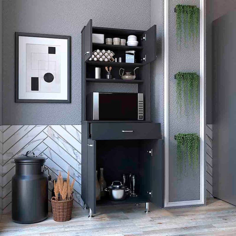 Pantry Cabinet 67" H, Four Doors, One Drawer, Three Internal Shelves, 2 External Storage Shelves, Microwave Storage Option - Black