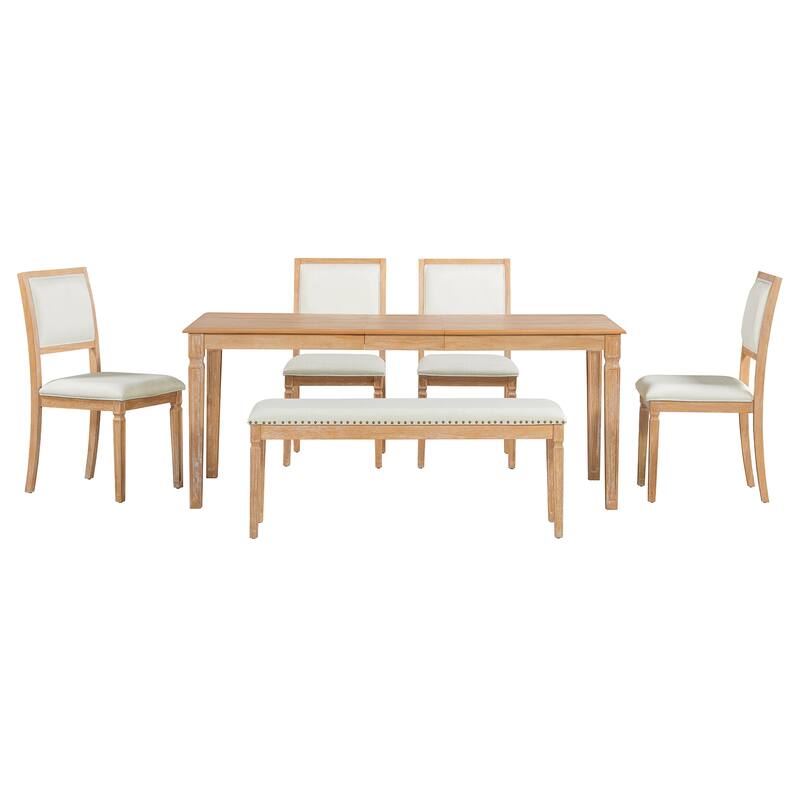 6 Piece Dining Table Set Extension from 59 to 72-Inches, Wood Kitchen Dining Table Set with 4 Upholstered Chairs & Bench