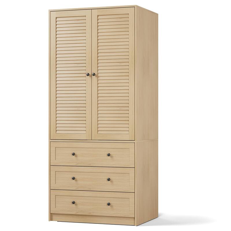 69.5" Wooden Armoire Wardrobe Closet with Louvered Doors, Drawers & Hanging Rod, Natural Finish Storage Cabinet
