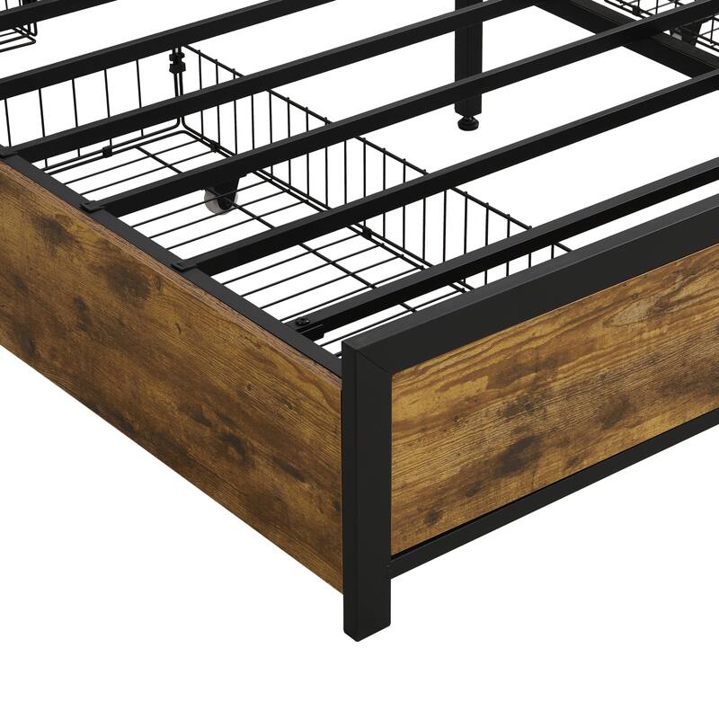 Queen Size Bed Frame, Storage Headboard with Charging Station and 4 Storage Drawers, LED Lights, Brown and Gray