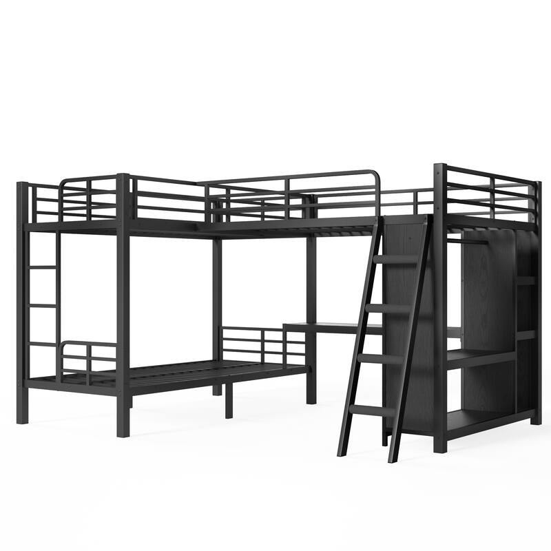 L-shaped Triple Bunk Bed with Desk and Wardrobe, Twin XL over Twin XL Bunk Bed with an Attached Full Loft Bed
