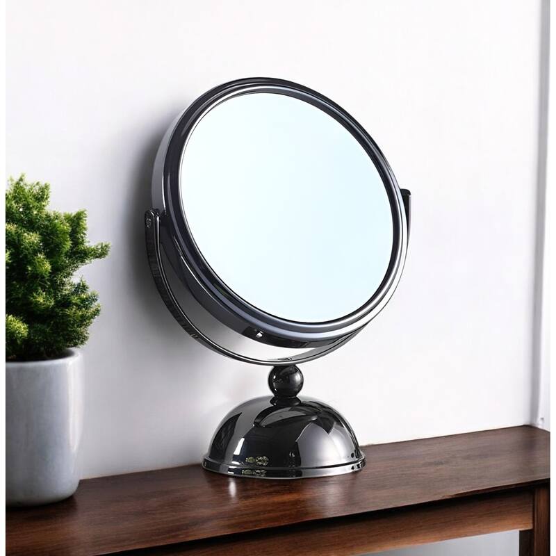 HomeRoots 9" Black Round Metal Framed Makeup Shaving Tabletop Mirror - 6.5 - 6.5