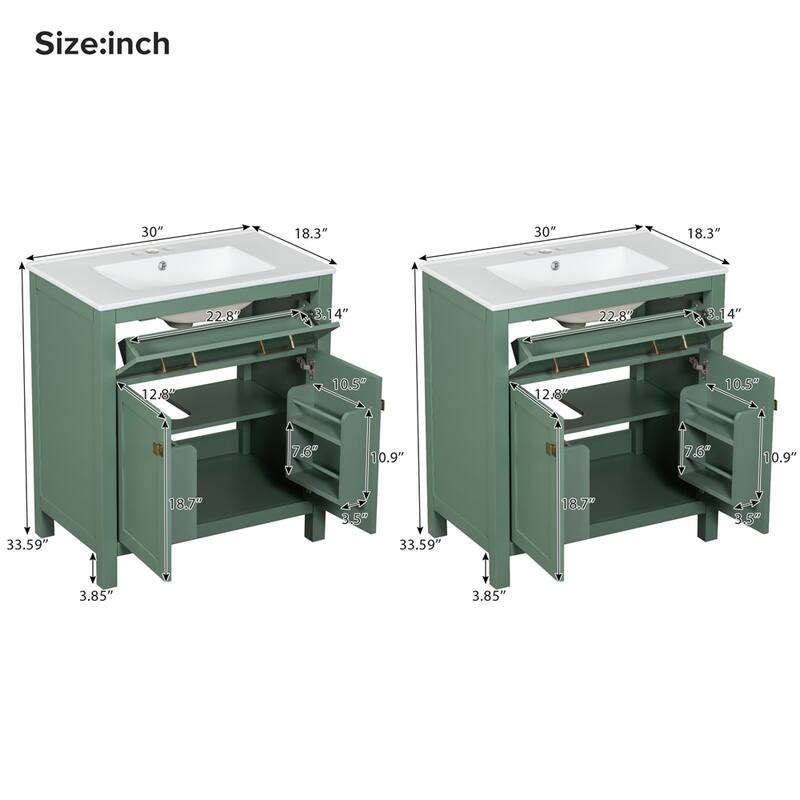 60" Bathroom Vanity Set with Double Vanities (Separate),Ceramic Sinks - Green