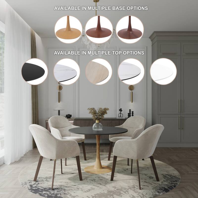 Bristol 35" Round Dining Table with MDF Top and Natural Wood Steel Pedestal Base for Modern Kitchen and Dining Room