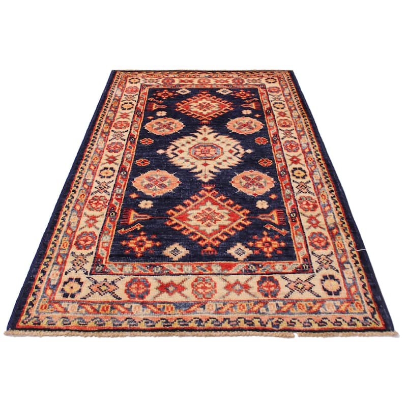 Caucasian Super Kazak Alistair Blue/Beige Hand Knotted Wool Rug - 2'1'' x 3'2''