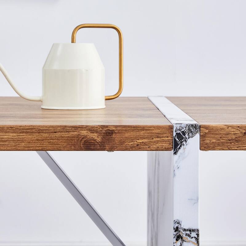 55" Wood Grain Dining Table - White Marble Legs, Stable - Natural
