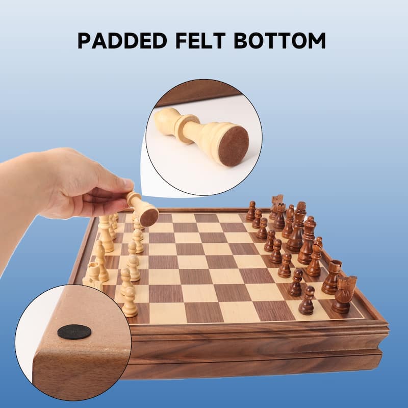 15" Large Wooden 2-in-1 Chess and Checkers Board Game Combo Set with Drawer
