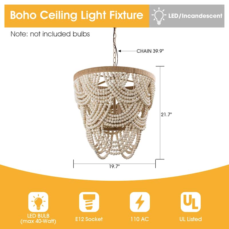 Bohemia 4-Light Off-white Adjustable Distressed Beaded Pendant Chandelier - 19.7-in W x 21.7-in H