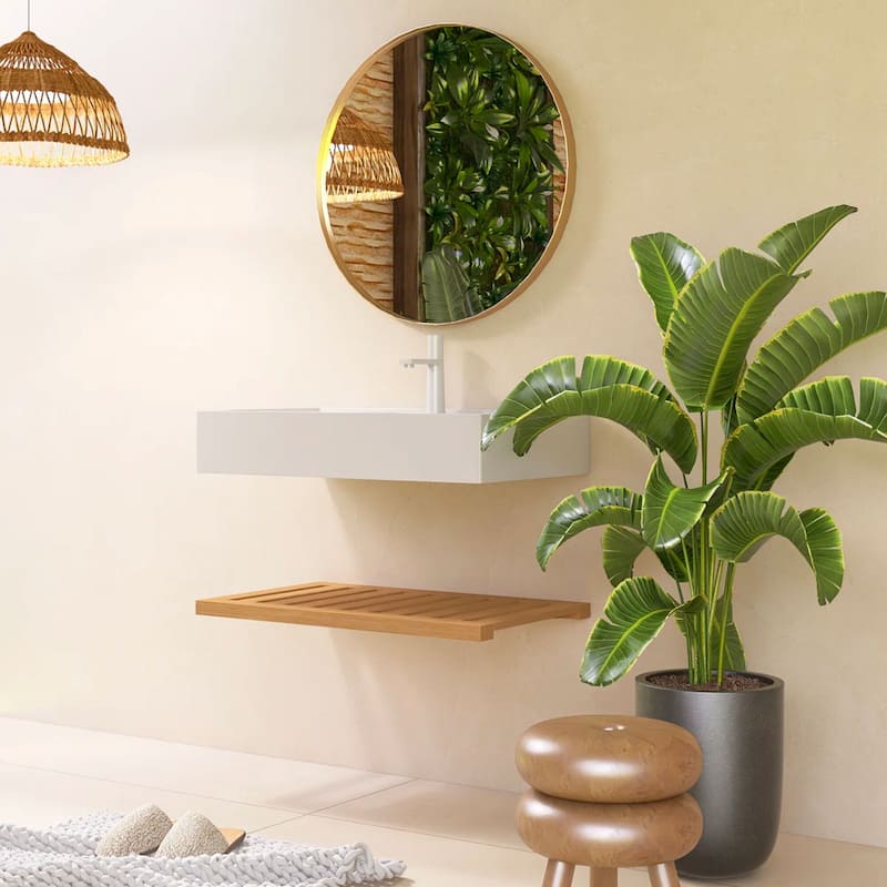 Wall-Mounted Bathroom Vanity in Natural Wood with White Integrated Acrylic Sink