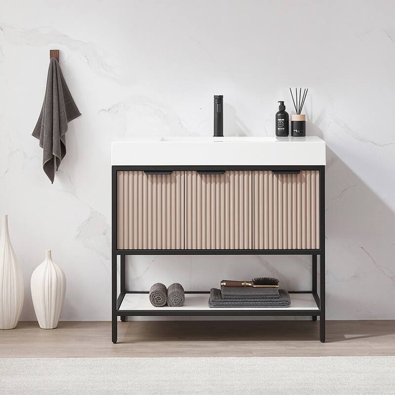 Marcilla 36 in. Single Sink Bath Vanity with Stone Sink Top - 36 in. - Coffee-No Mirror