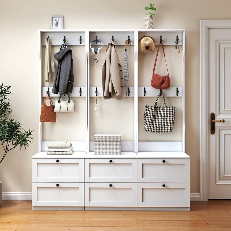 Anmytek 2-in-1 Wood Coat Rack Nightstand Storage Organizer with Drawer and Hooks Freestanding Clothes Hanger