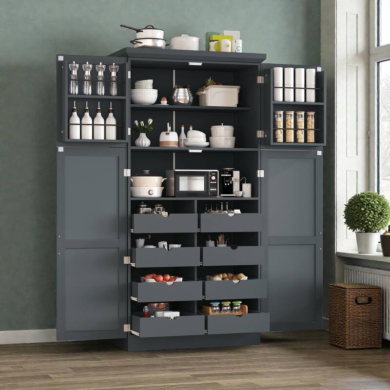 35.5 Inch Freestanding Kitchen Pantry Cabinet with 4 Doors, 8 Pull-Out Trays, Adjustable Shelves, Tall Dining Storage Organizer