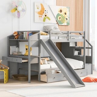 Grey Solid Wood Twin over Twin Bunk Bed with Slide and Desk, Drawers ...