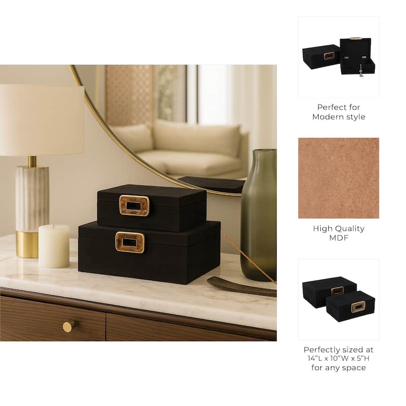 Modern Suede Box with Metallic Detail and Lid - Set of 2, 14", Black - 14.0"