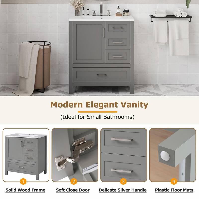 30" Bathroom Vanity with Sink Combo, Storage Cabinet with 3 Soft-Close Drawers and Removable Tray