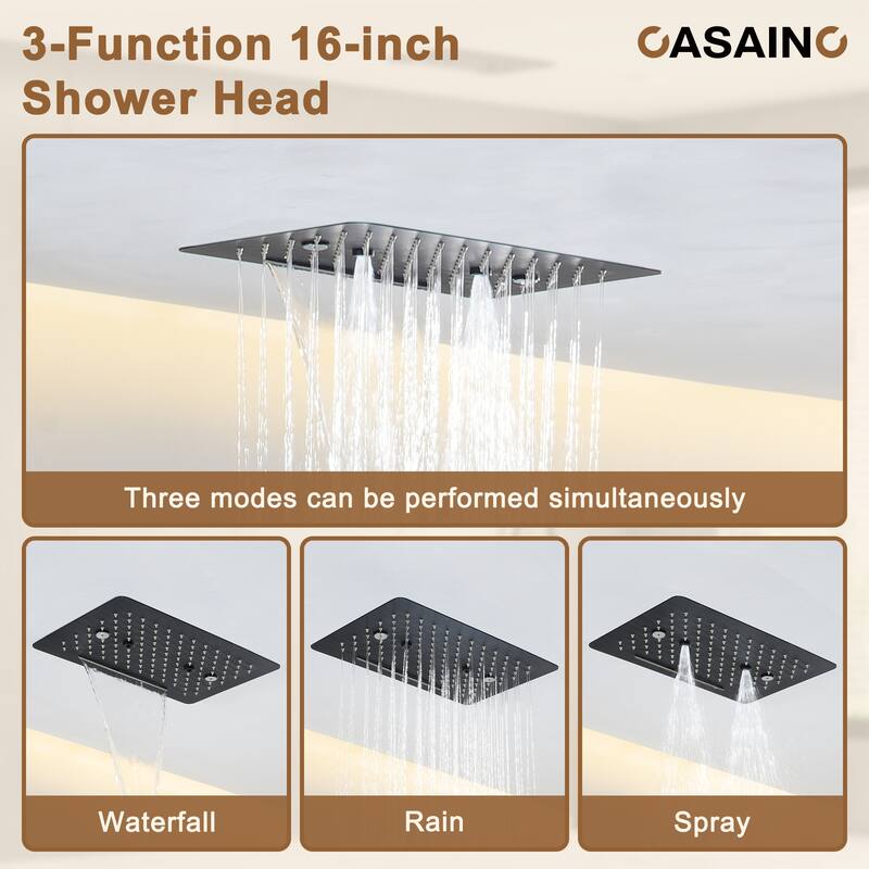 Luxury Thermostatic Shower System 3-Spray Patterns Ceiling Mount Fixed Rain Waterfall Shower Head and Handheld Spray Combo