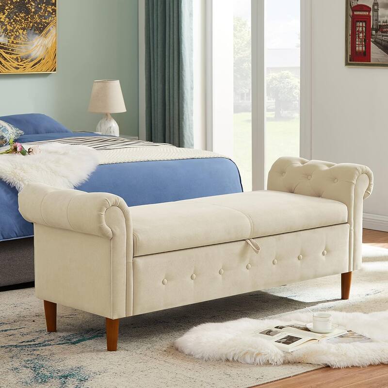 Multipurpose Rectangular Linen Sofa Stool with Large Space Saving Storage, 4 Rubber Wood Feet - 63 x 22.1 x 24.1 inch