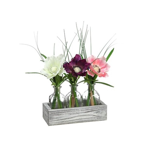 Set of 3 Purple and Pink Artificial Anemone Flowers in Clear Glass Vase 12" - N/A