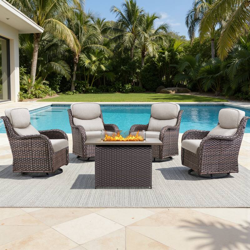 Meyreso 5-Piece Outdoor Patio Wicker Fire Pit 4 person Conversation Set with 5-Inch Thick Cushions