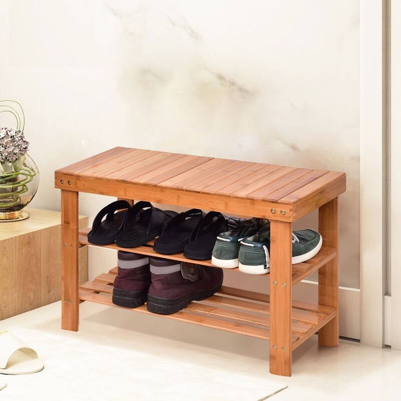 3 Tier Bamboo Bench Storage Shoe Shelf - 27.5" x 11" x 17.5" (L x W x H)
