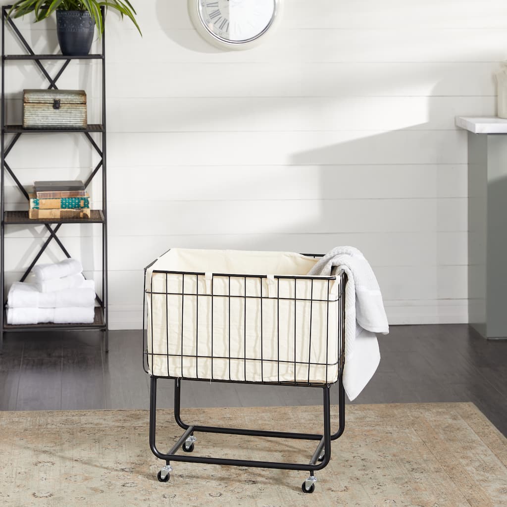 Black Metal Deep Set Wire Basket Storage Cart with Wheels and Fabric Lining