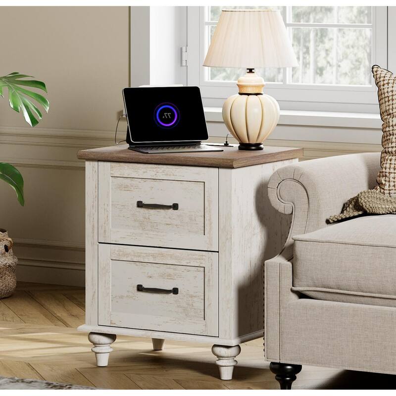 Nightstand with Charging Station, 2-Drawer End Table for Bedroom