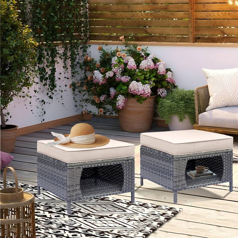 Outdoor Cushioned Rattan Wicker Ottoman with Storage (Set of 2) - Beige-Gray Wicker