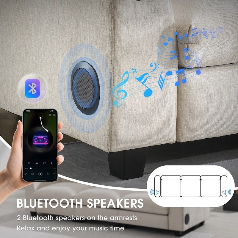 96'' Sectional Sofa with Bluetooth Speaker, Drop Down Table, USB Charger, Storage Armrest